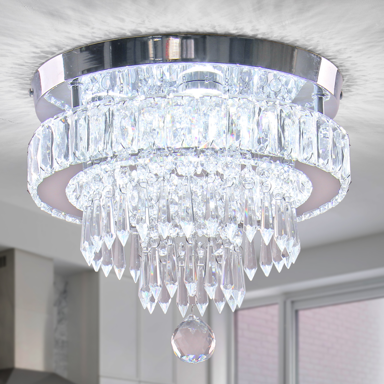 Crystal Chandelier Modern Semi Flush Mount Ceiling Light Fixture LED Chandeliers for Bedrooms Dining Room Entryway Living Room(6500K, Cool White)