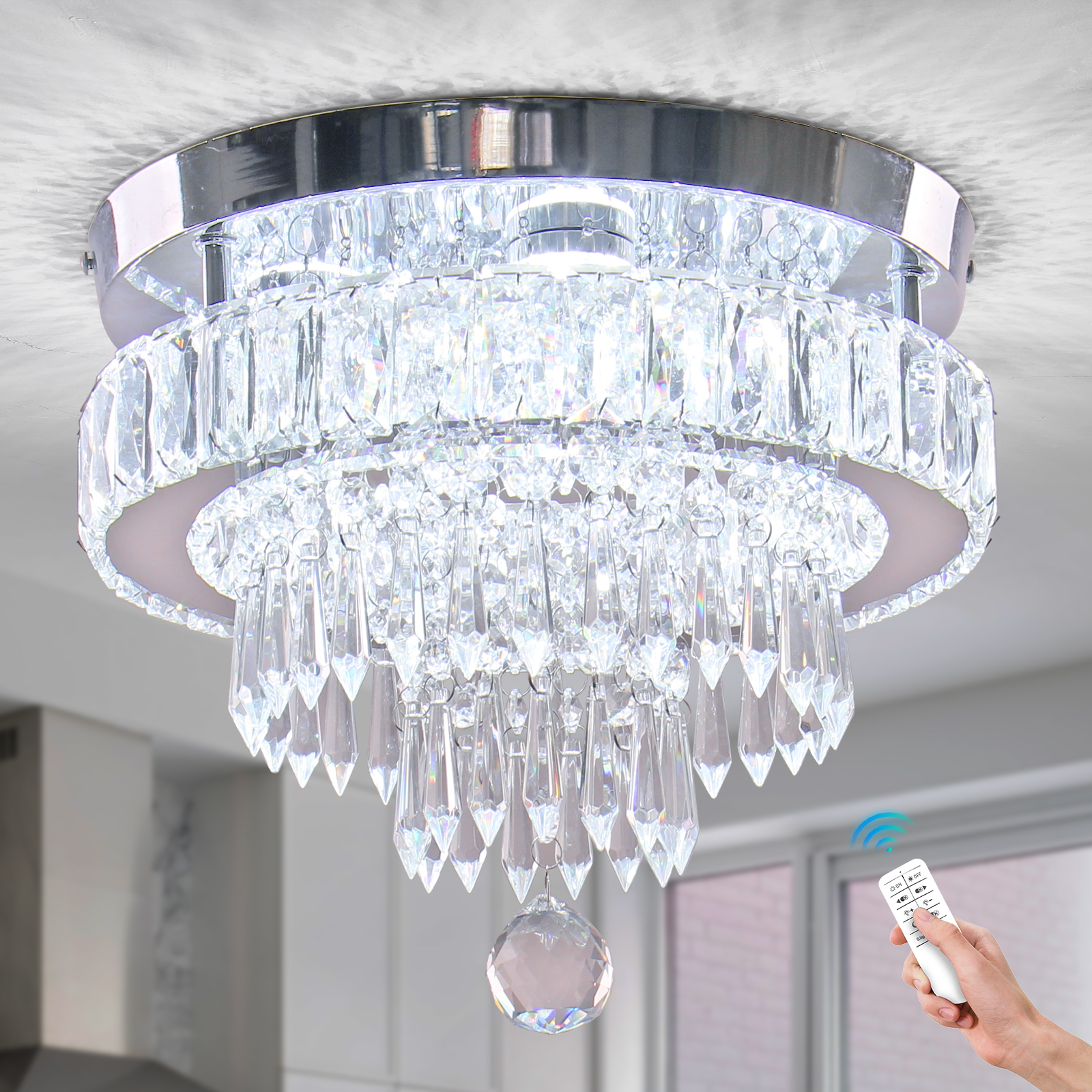 Crystal Chandelier 11.8'' Modern Semi Flush Mount Ceiling Light Fixture LED Chandeliers for Bedrooms Dining Room Entryway Living Room with Remote Control