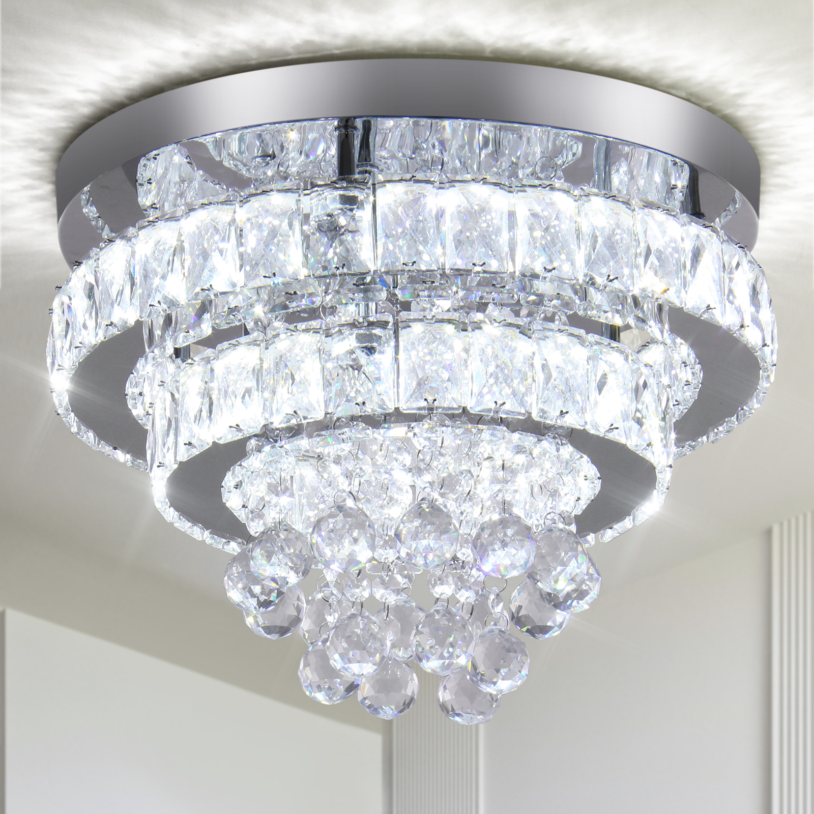 Crystal Chandeliers Modern Flush Mount Ceiling Light Fixture Round LED Chandeliers for Dining Room Bedrooms Living Room Entryway Kitchen Hallway 6500K Cool White