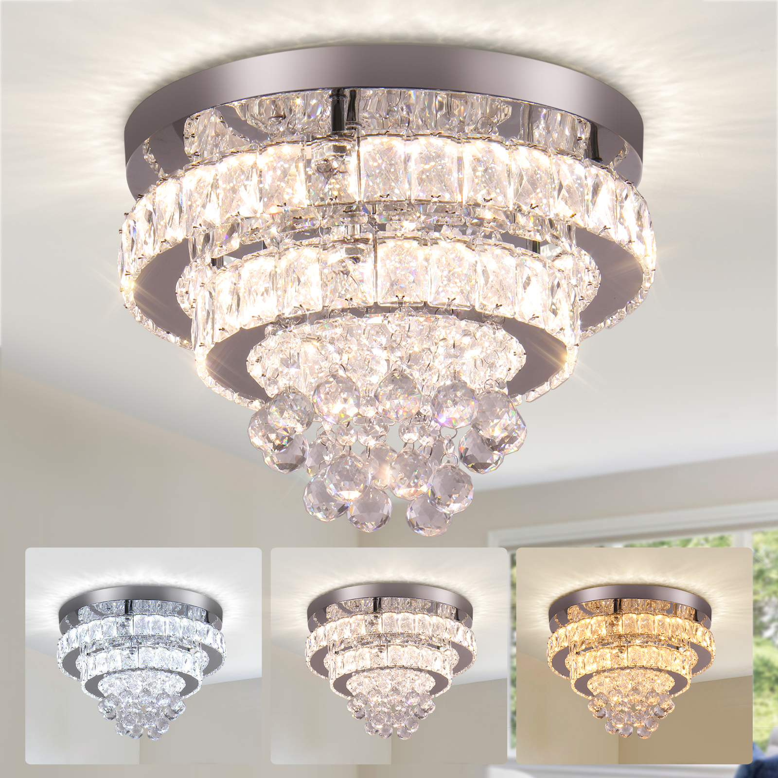 13.7" Crystal Chandeliers Round Modern Led Semi Flush Mount Ceiling Light Fixtures for Bedroom Living Room, 2700K 4500K 6500K Multicolor