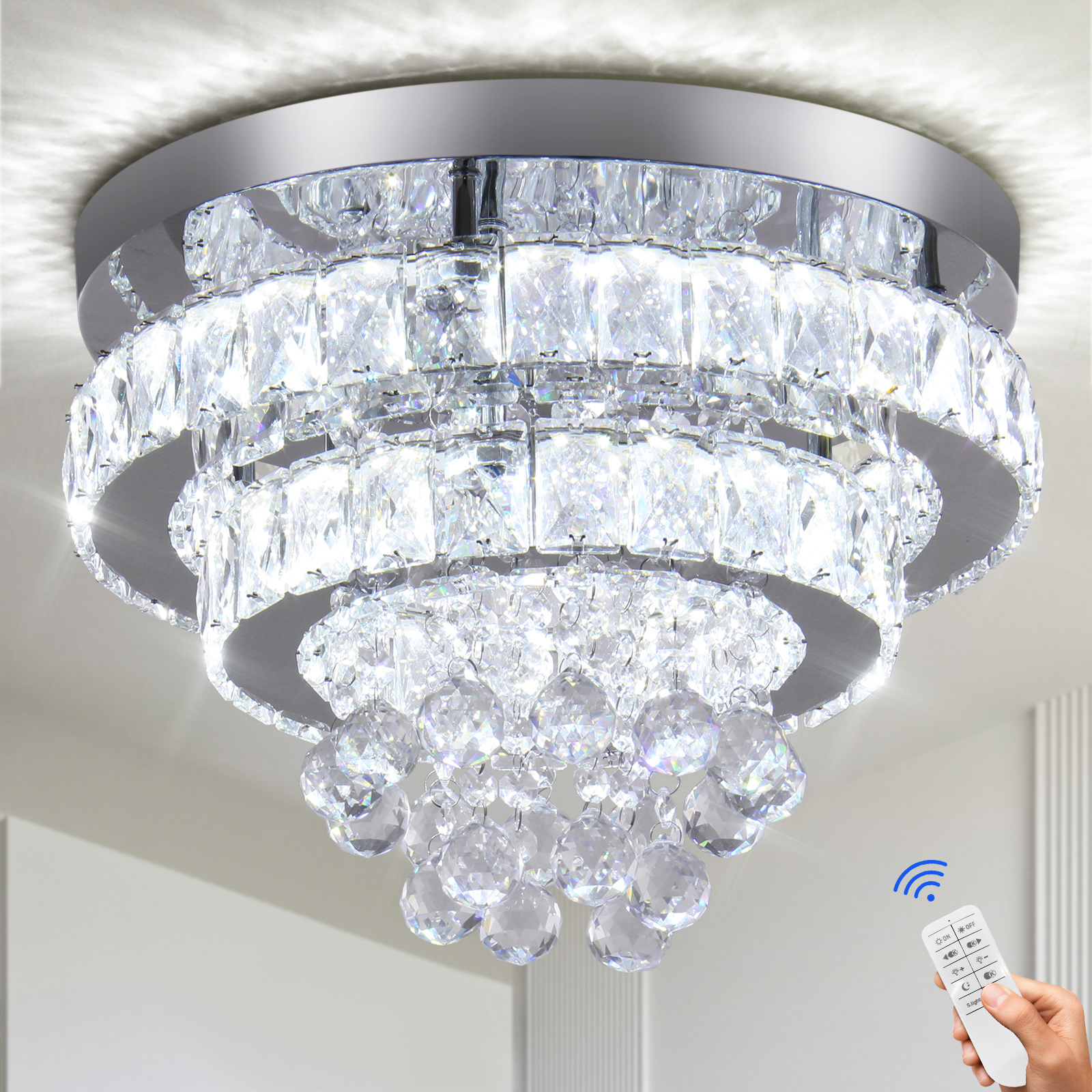 13.7" Crystal Chandeliers Round Modern Semi Flush Mount Ceiling Light Fixtures with Remote Chandelier for Bedroom Living Room, 2700K 4500K 6500K Dimmable