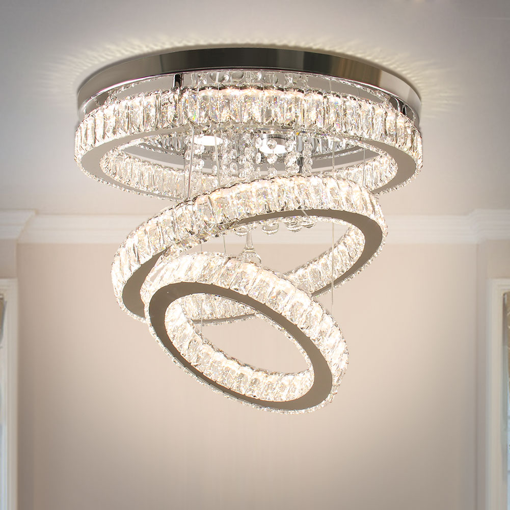 Finktonglan 19.6" Crystal Chandelier Modern LED Crystal Flush Mount Ceiling Light Fixture Ring Chandeliers for Bedroom Dining Room Living Room (Multi Color)