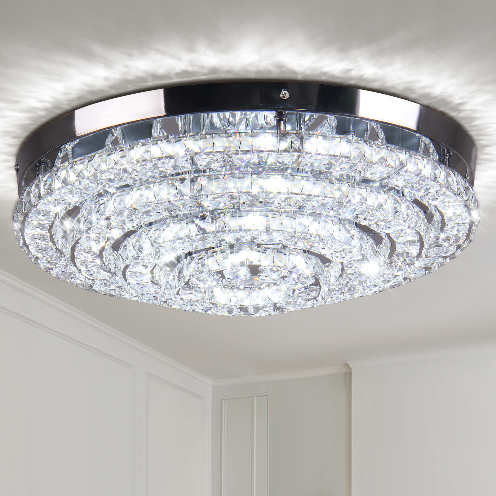 17.7" Crystal Chandelier Modern Flush Mount Ceiling Light Fixture Large LED Chandeliers for Bedrooms Living Room Dining Room