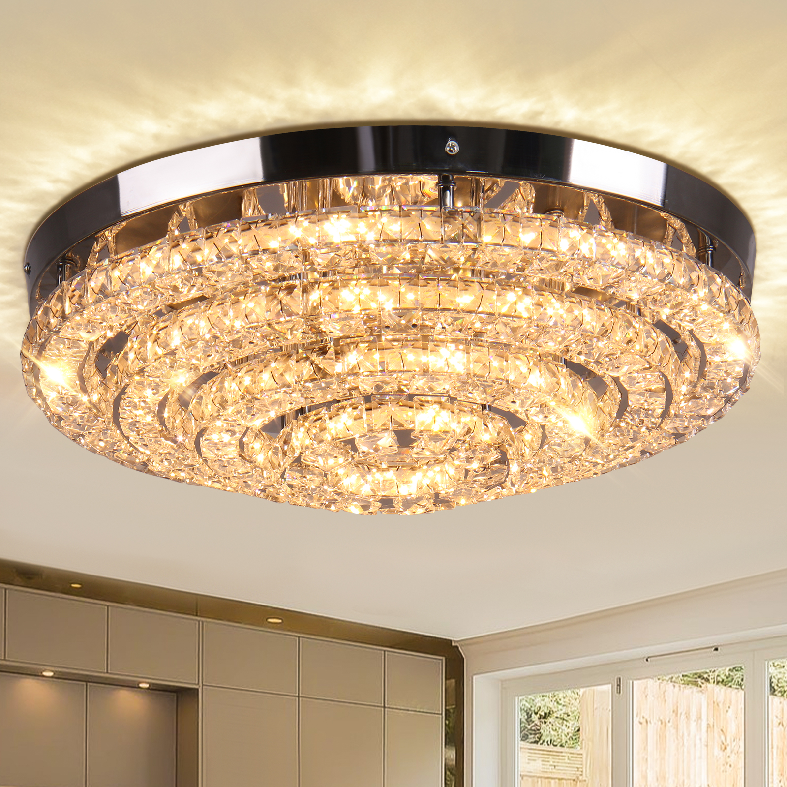 17.7" Modern Flush Mount Ceiling Light Fixture Large Crystal Chandelier for Entryway Bedrooms Living Room Dining Room (Warm White 3500K)