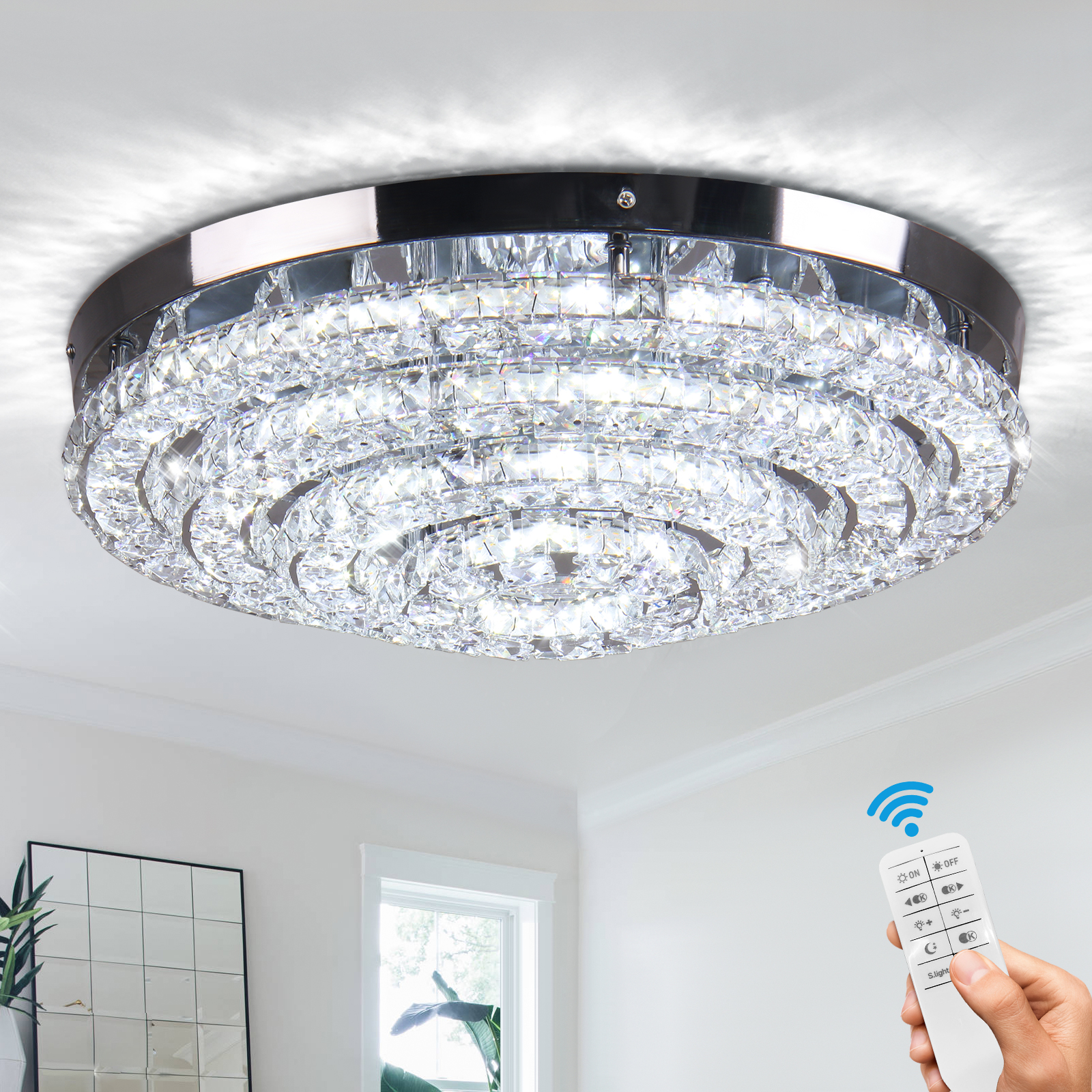17.7" Crystal Chandelier Ceiling Light Fixture Modern Round Light Fixture Chandeliers for Bedrooms Dining Room Living Room Kitchen with Remote Control (Dimmable)