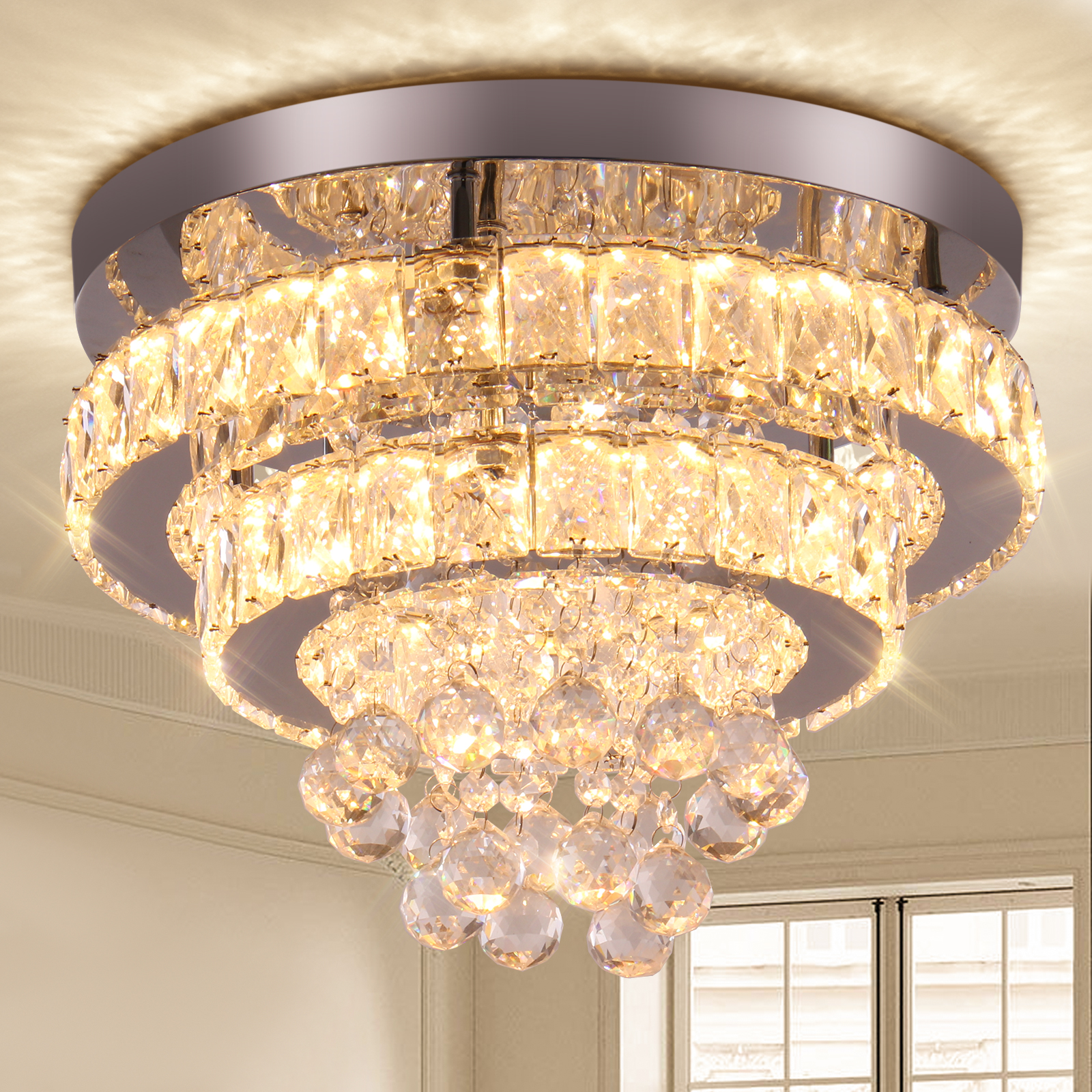 13.7" Light Fixtures Ceiling Mount Round Modern Crystal Chandeliers Ceiling Light Fixtures Led Chandelier for Bedroom Living Room, 2700K Warm White