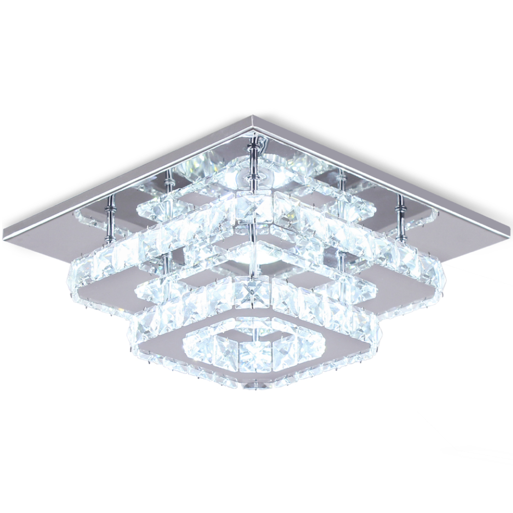 Finktonglan Crystal LED Ceiling Light, Ceiling Crystal Lamp Stainless Steel K9 Modern Flush Mount Lights Fixture Square Chandelier Ceiling Lamp for Dining Room Living Room Bedroom (Cool White)