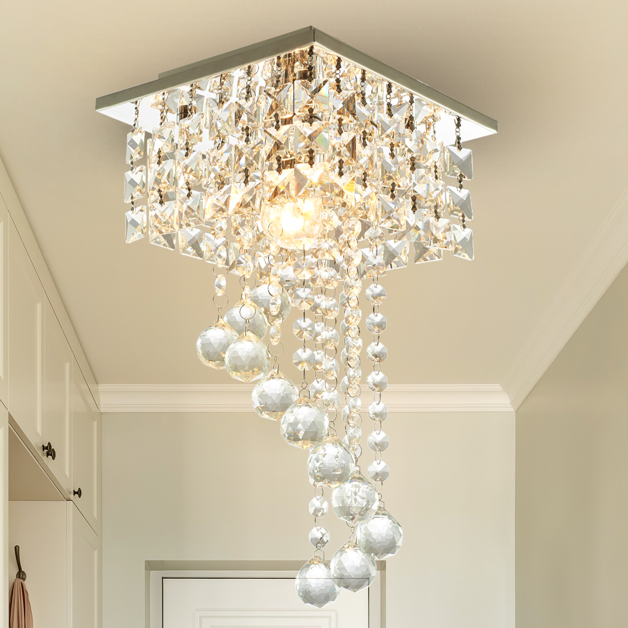 Mini Crystal Chandelier, Modern Ceiling Light Fixture Flush Mount Pendant Lighting for Bedroom, Living Room, Dining Room, Hallway, Kitchen