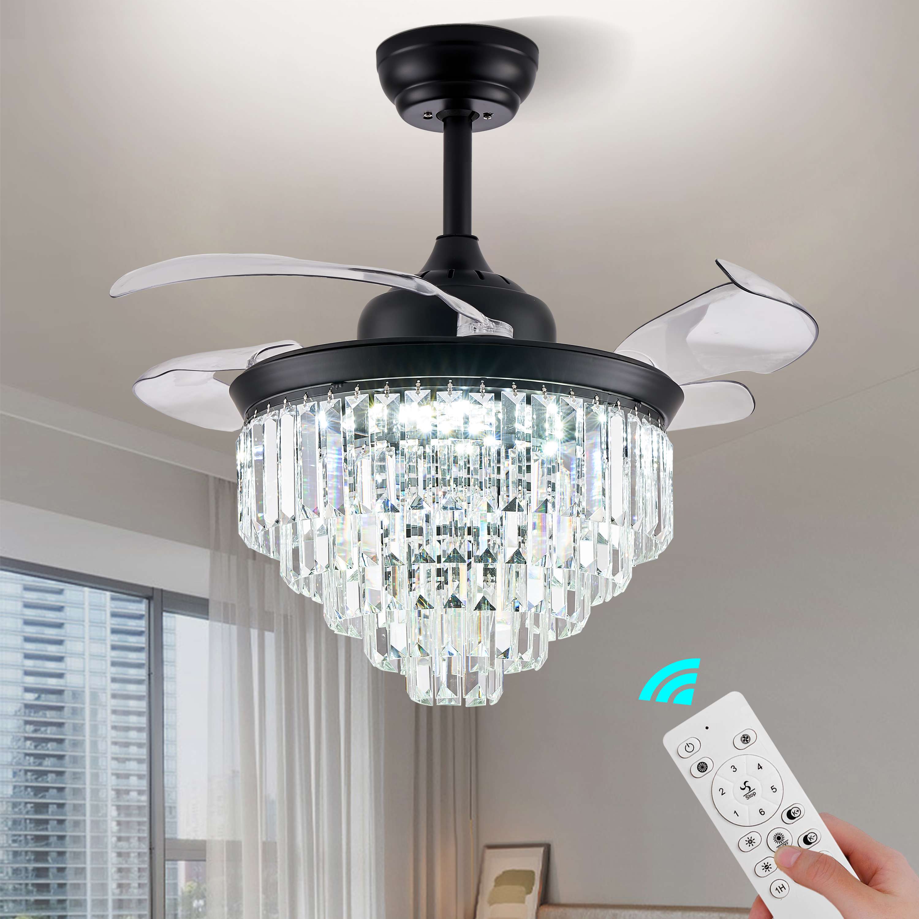Finktonglan Modern Fandelier Ceiling Fan with Light and Remote, 36” Black Retractable Chandelier Ceiling Fans with Lights 6 Speeds Invisible LED Flush Mount Crystal Fandeliers for Dining Room Bedroom