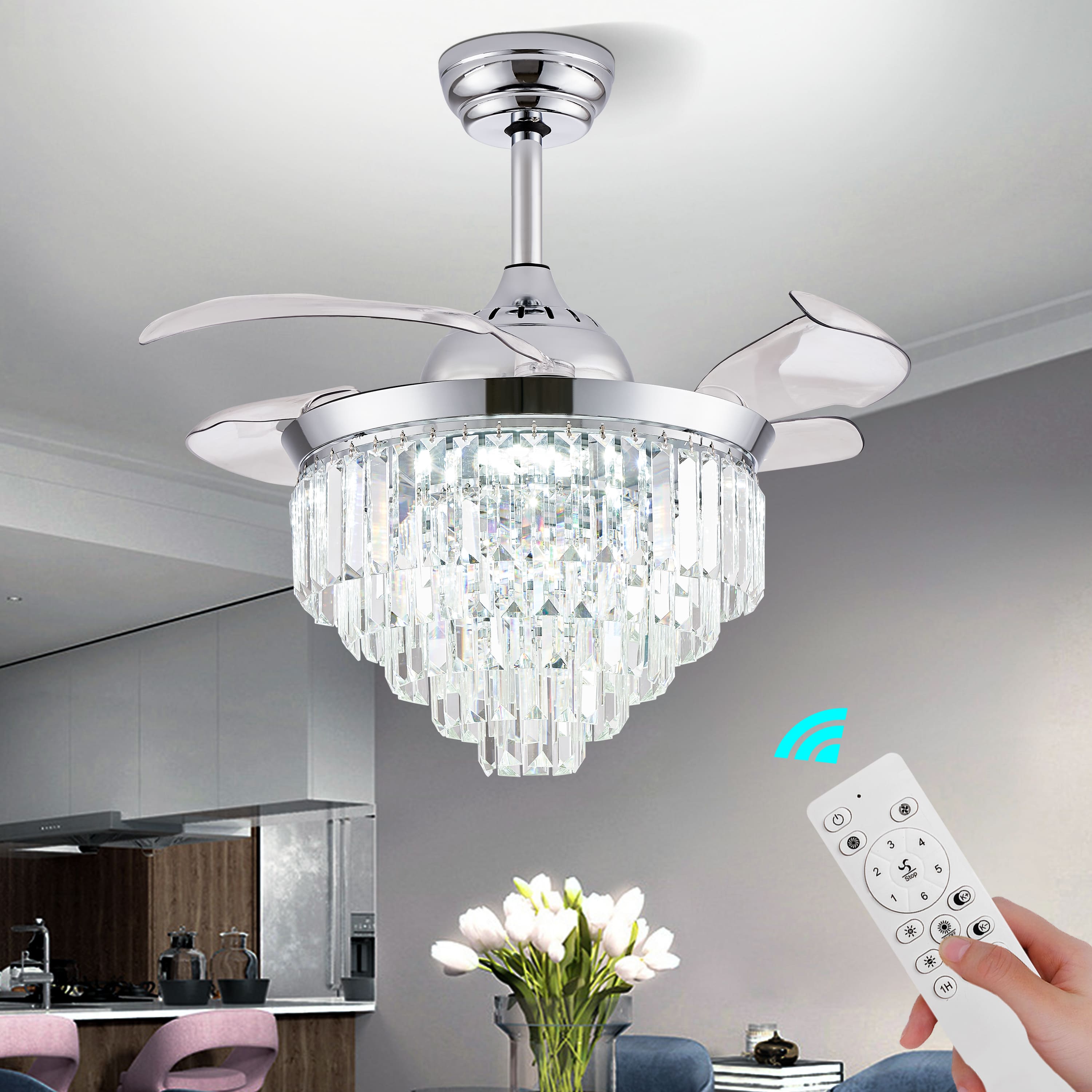Finktonglan Dimmable Crystal Fandelier Ceiling Fan with Light and Remote, 36” Retractable Invisible Blades Fandeliers Modern Chandelier Ceiling Fan for Dining Room Bedroom Living Room, Chrome