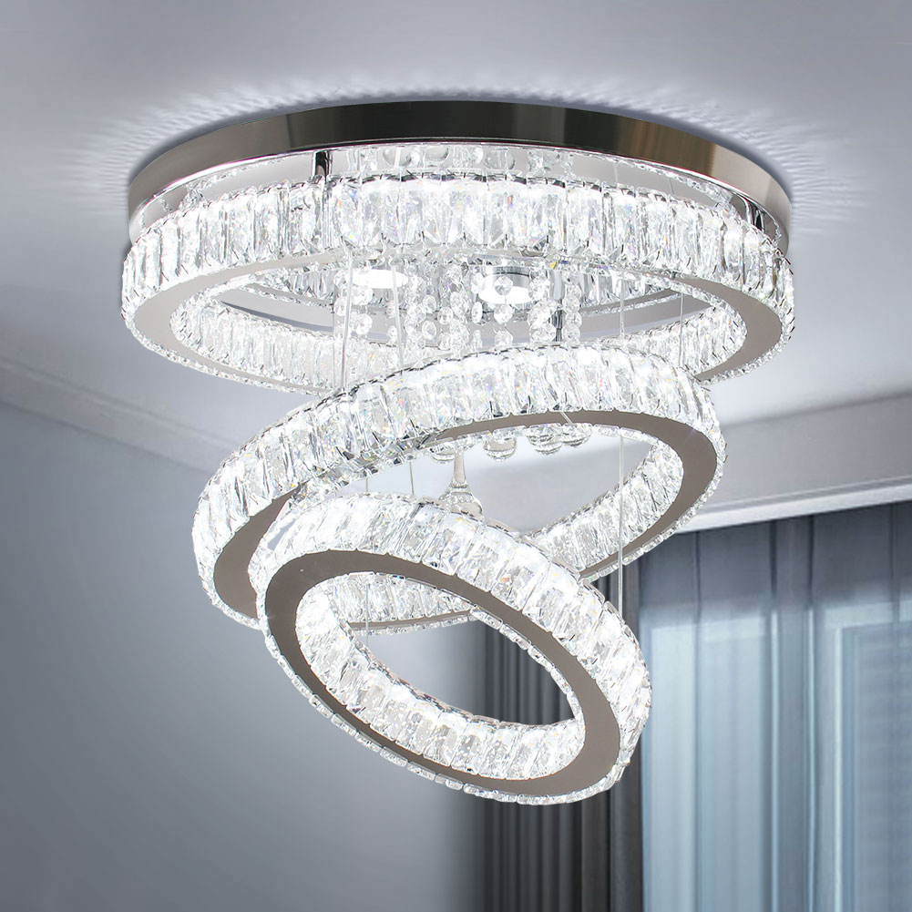 19.6" Crystal Chandelier Modern LED Crystal Ceiling Light Fixture Flush Mount Ring Chandeliers for Bedroom Dining Room Living Room 6500K Cool White