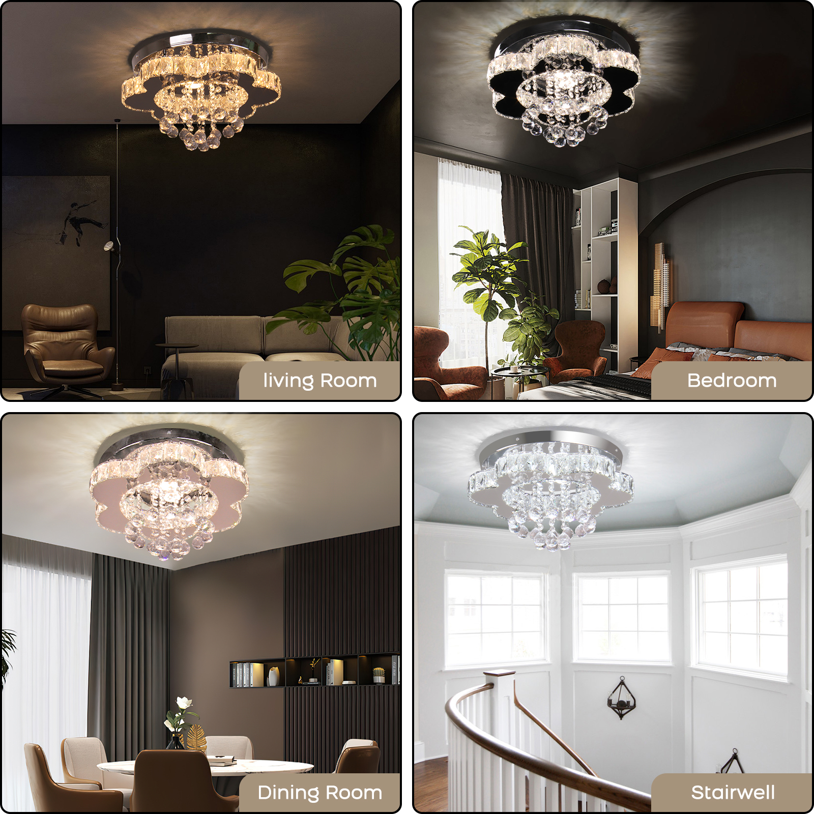 Finktonglan LED Modern Crystal Chandelier Crystals 16” Ceiling Light Flush Mount Light Fixture Flower Dining Room Chandelier for Living Room Kitchen Bedroom Hallway (Color Changeable)