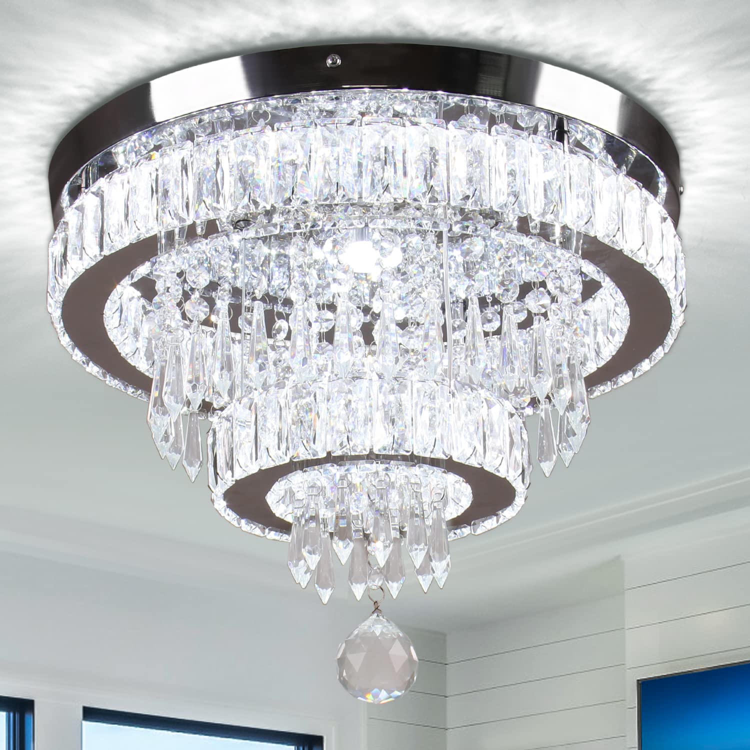 Finktonglan 15.7" Modern Crystal Chandelier 2 Rings Crystal Ceiling Light Fixture Stainless Steel Semi-Flush Mount Ceiling Light Chandeliers for Bedrooms Living Room (Cool White)