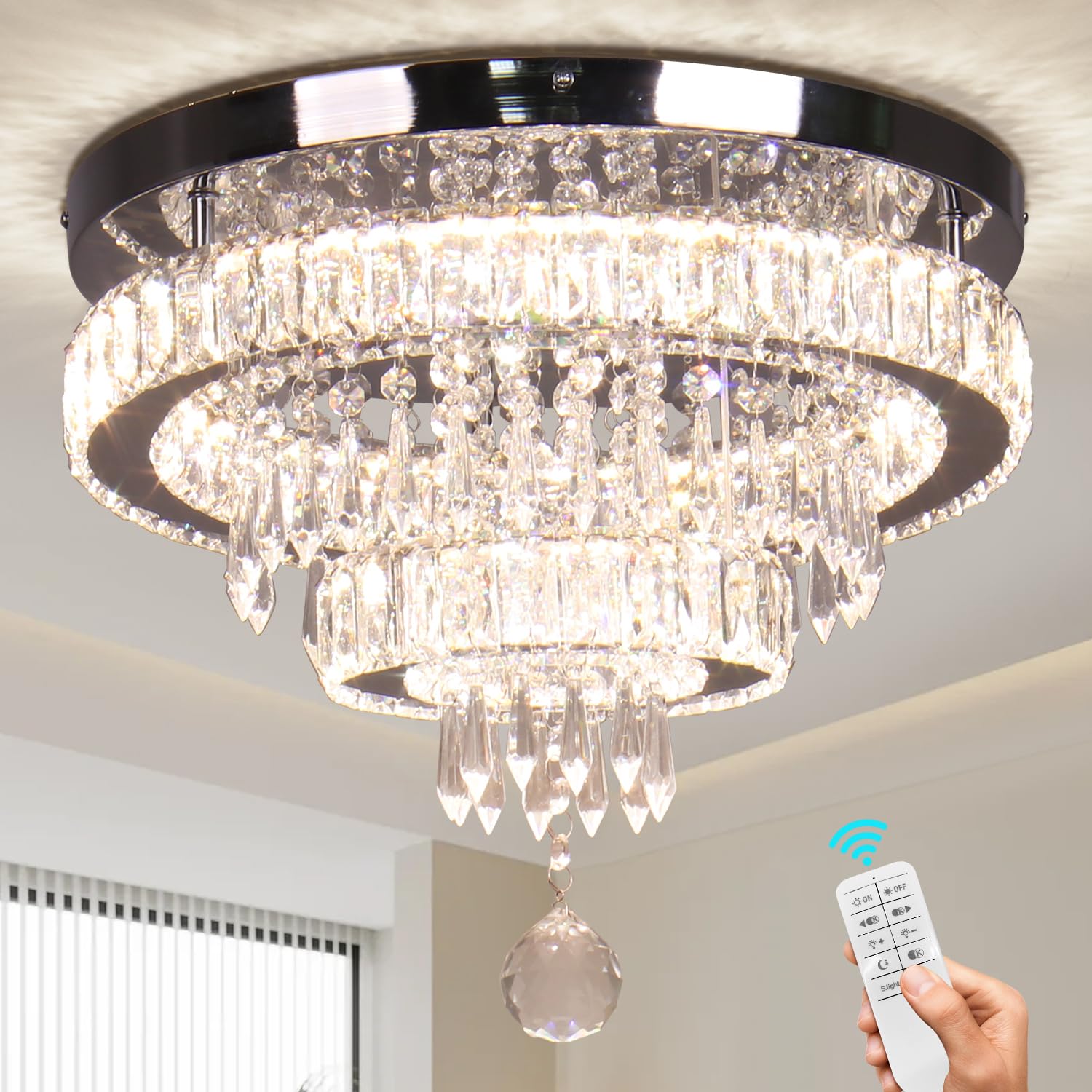 15.7" Modern Crystal Chandeliers Dimmable 2 Rings Crystal Ceiling Light Fixture Flush Mount Ceiling Light for Bedroom Dining Room Living Room(Multicolor with Remote Control)