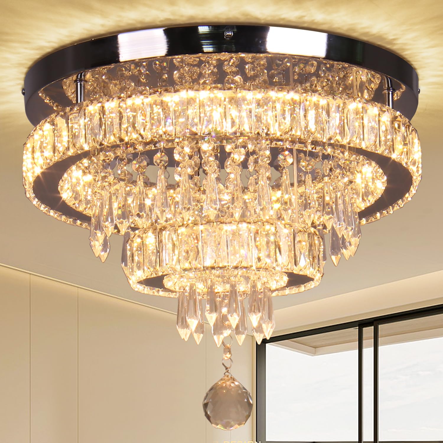 Crystal Chandelier 2 Rings Crystal Ceiling Light Fixture 15.7" Stainless Steel Semi-Flush Mount Ceiling Light Chandeliers for Bedrooms Living Room (Warm White)