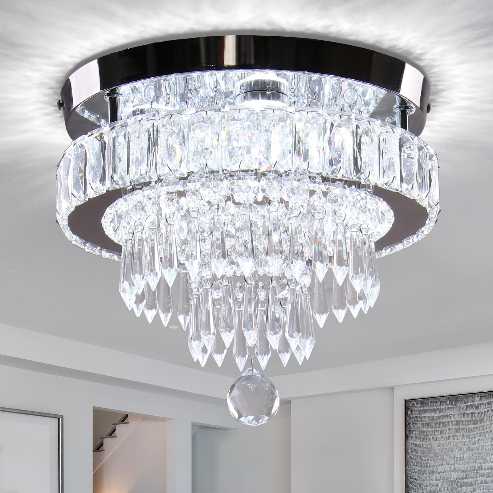 Finktonglan 11.8" Crystal Chandeliers, Morden Crystal Ceiling Light LED Small Chandeliers Semi Flush Mount Chandelier Room Light for Bedrooms Living Room Hallway (6500K White Light)