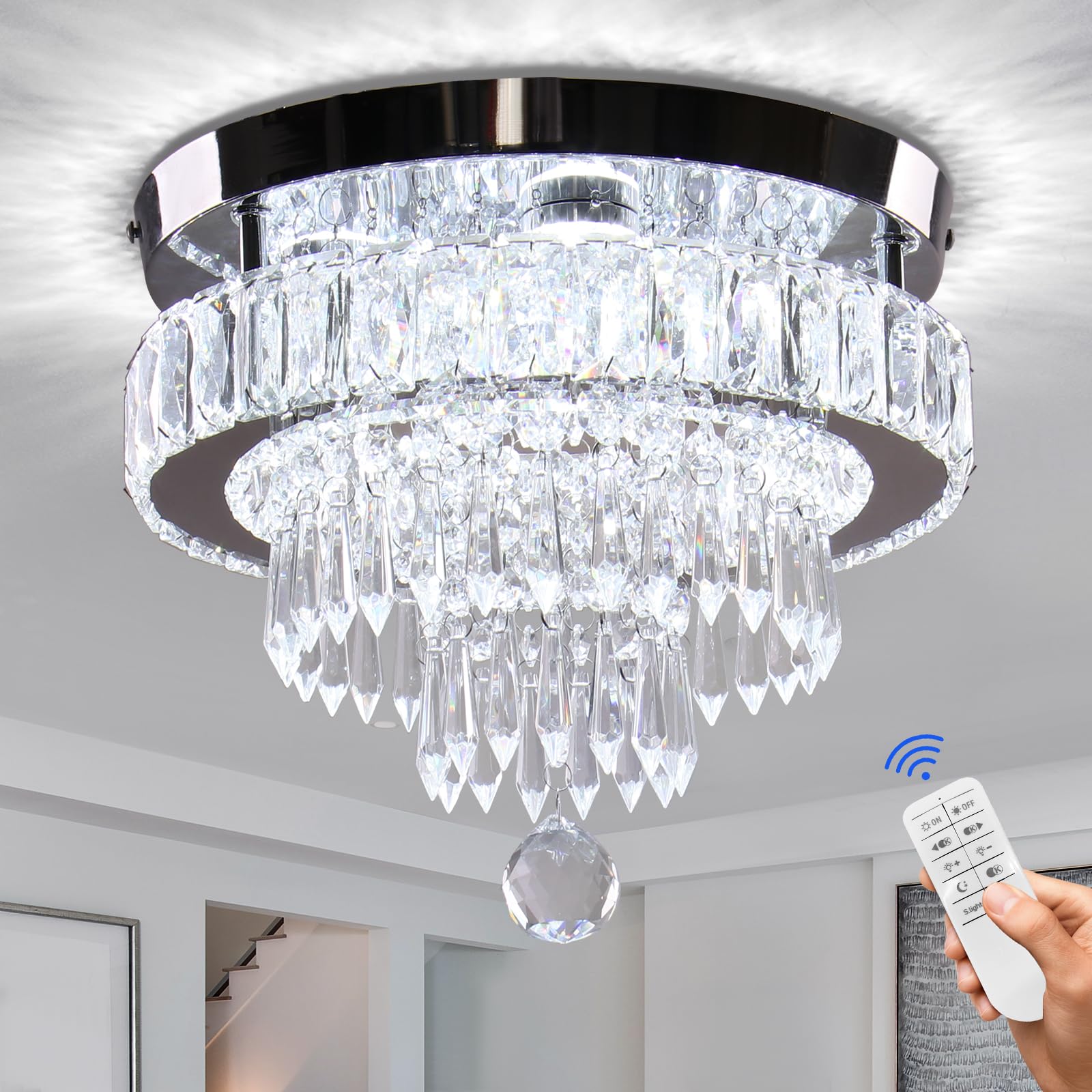 Finktonglan 11.8" Dimmable Crystal Chandelier LED Modern Crystal Ceiling Light, Flush Mount Crystal Chandeliers, 3 Light Colors Adjustable with Remote Control for Bedrooms Living Room Hallway