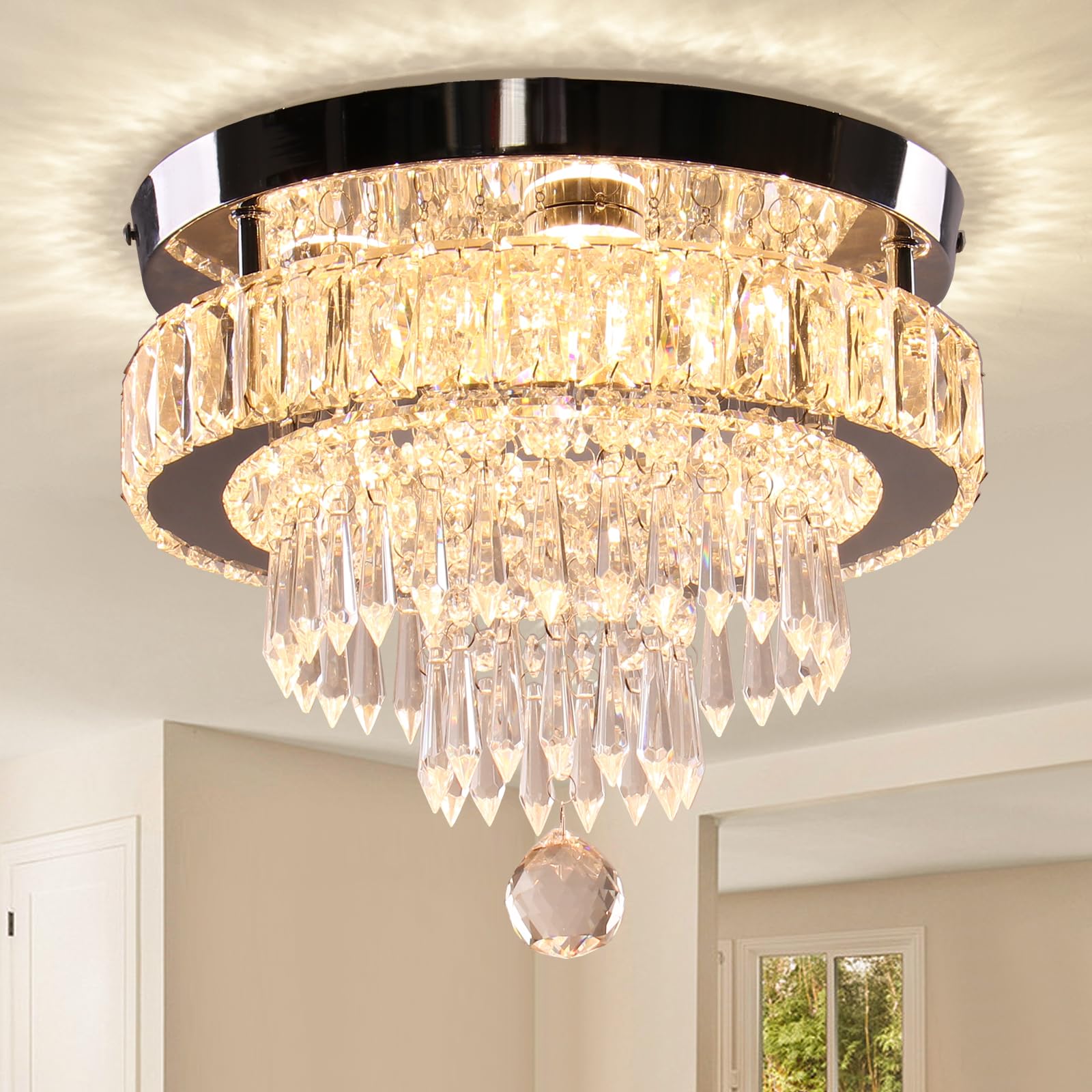 Finktonglan 11.8" Crystal Chandeliers, Modern Crystal Ceiling Light LED Small Chandeliers Semi Flush Mount Chandelier Room Light for Bedrooms Living Room Hallway (2700K Warm Light)