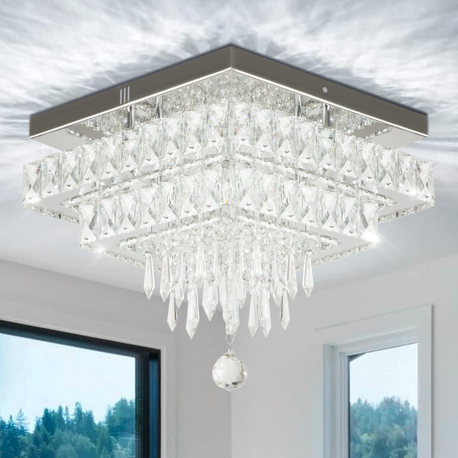 Finktonglan Crystal Chandeliers, 13'' Square LED Ceiling Light with Multilayer Crystal, Modern Flush Mount Ceiling Light for Dining Room, Bedrooms, Entryway, Living Room, 6500K White