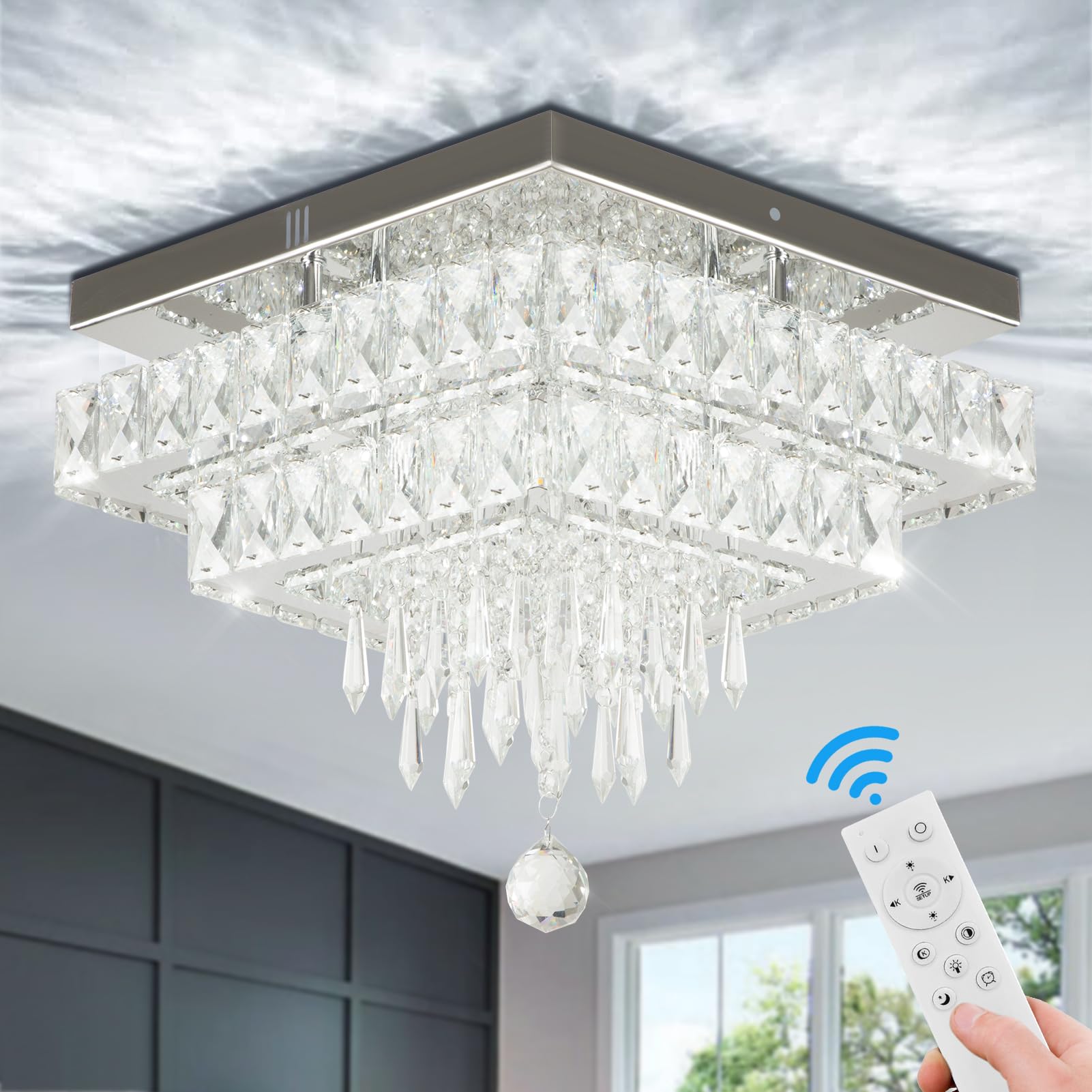 Finktonglan Dimmable Crystal Chandeliers, 13'' Square Crystal Ceiling Lighting with Remote Control, Modern Flush Mount Chandelier Light for Dining Room, Bedrooms, Entryway, Living Room