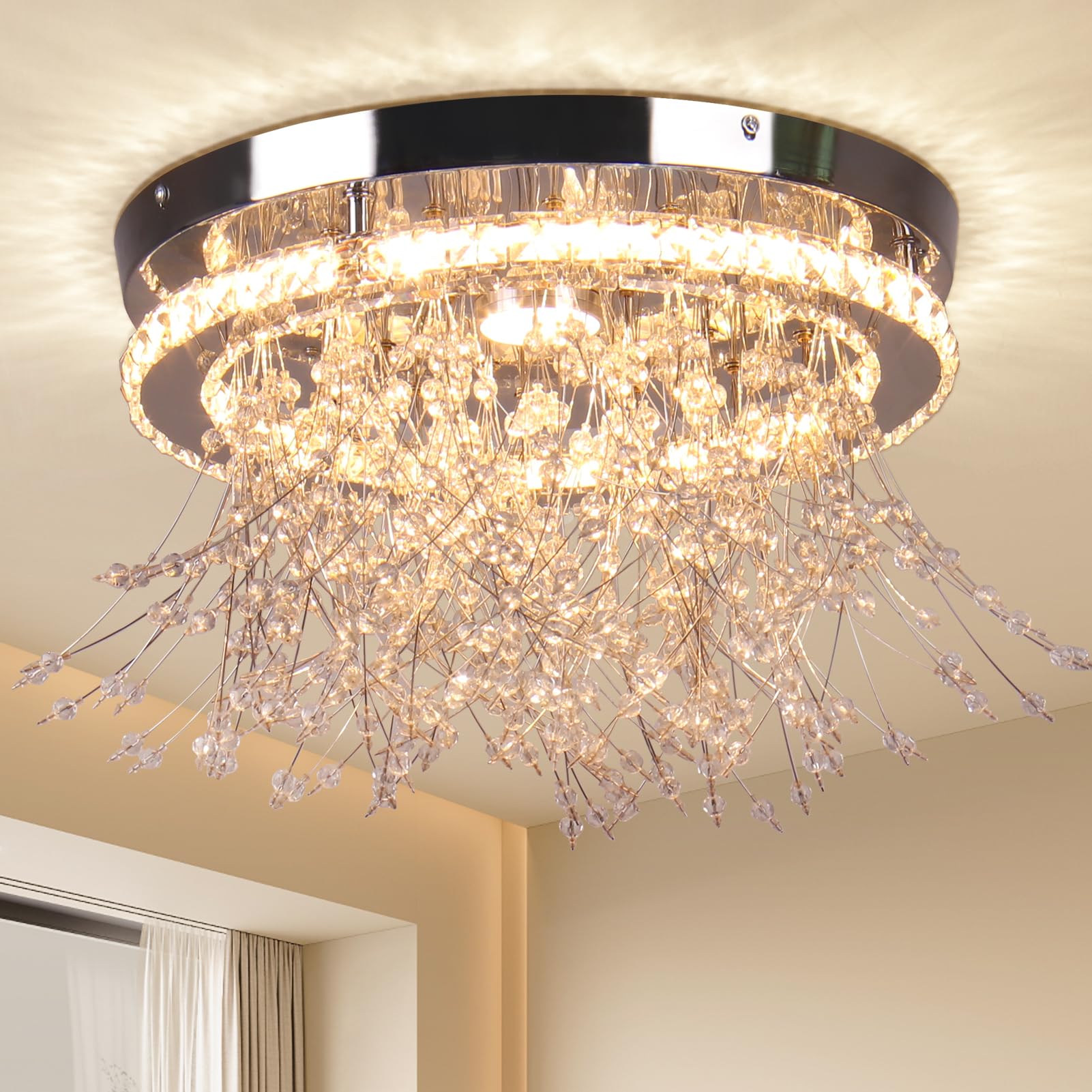 Finktonglan Crystal Chandeliers, 13.8'' Crystal Flush Mount Ceiling Light LED Sputnik Ceiling Lamp Dandelion Chandelier for Living Room Bedroom Dining Room Hallway Kitchen, 2700K Warm Light