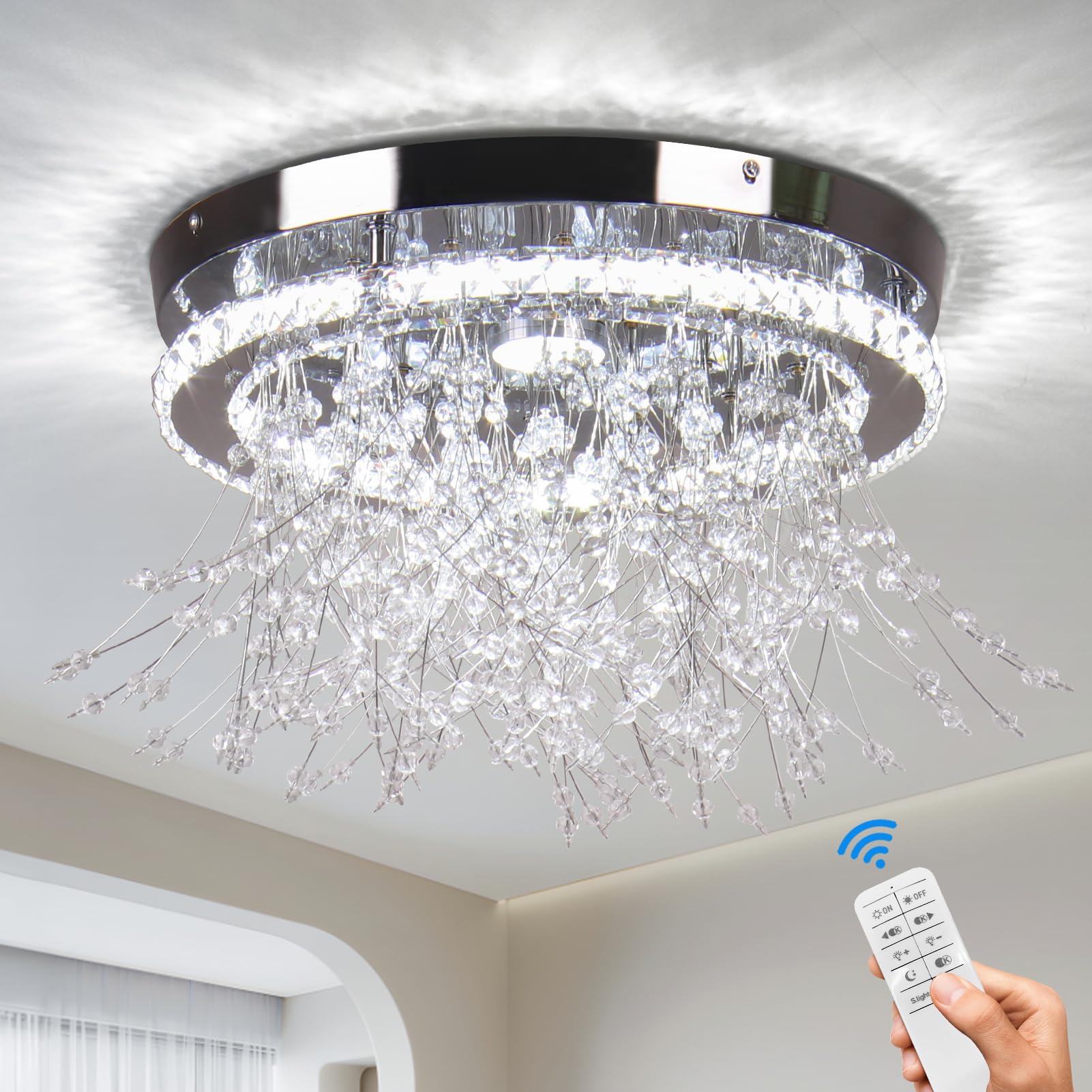 Finktonglan Crystal Ceiling Light, 13.8'' Dimmable Crystal Sputnik Chandeliers with Remote Control, LED Semi Flush Mount Ceiling Lights for Bedroom Living Room Dining Room