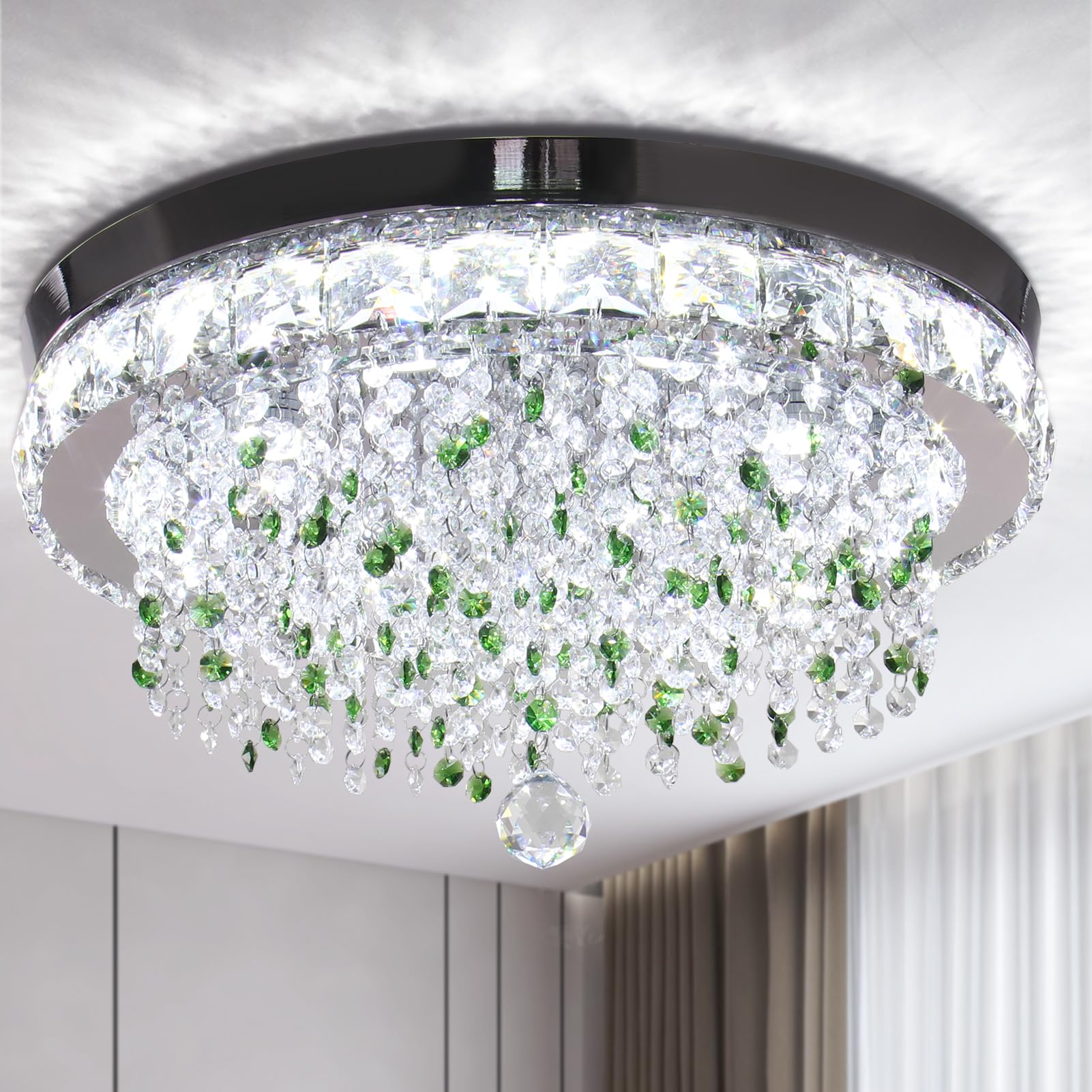 Finktonglan 18'' Crystal Chandelier Ceiling, Modern Chandeliers with Green Crystals, Brighting 6500K LED Crystal Ceiling Light Semi Flush Mount Chandeliers for Bedrooms Living Room Dining Room