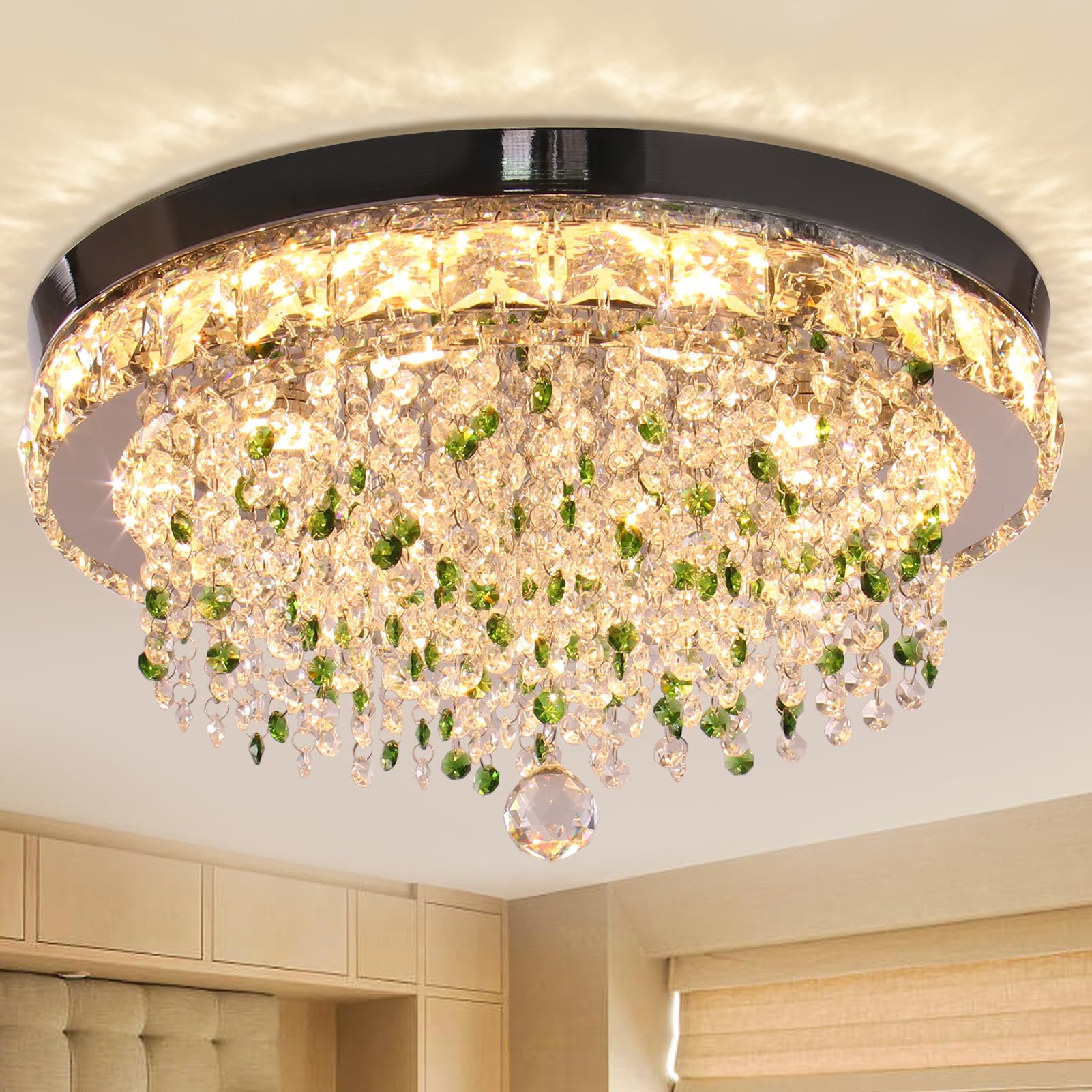 Finktonglan 18'' Crystal Chandeliers, Modern LED Ceiling Light with Green Crystals, 8 Brightening Spotlight Flush Mount Crystal Chandeliers for Bedrooms Living Room Dining Room(2500K Warm Light)