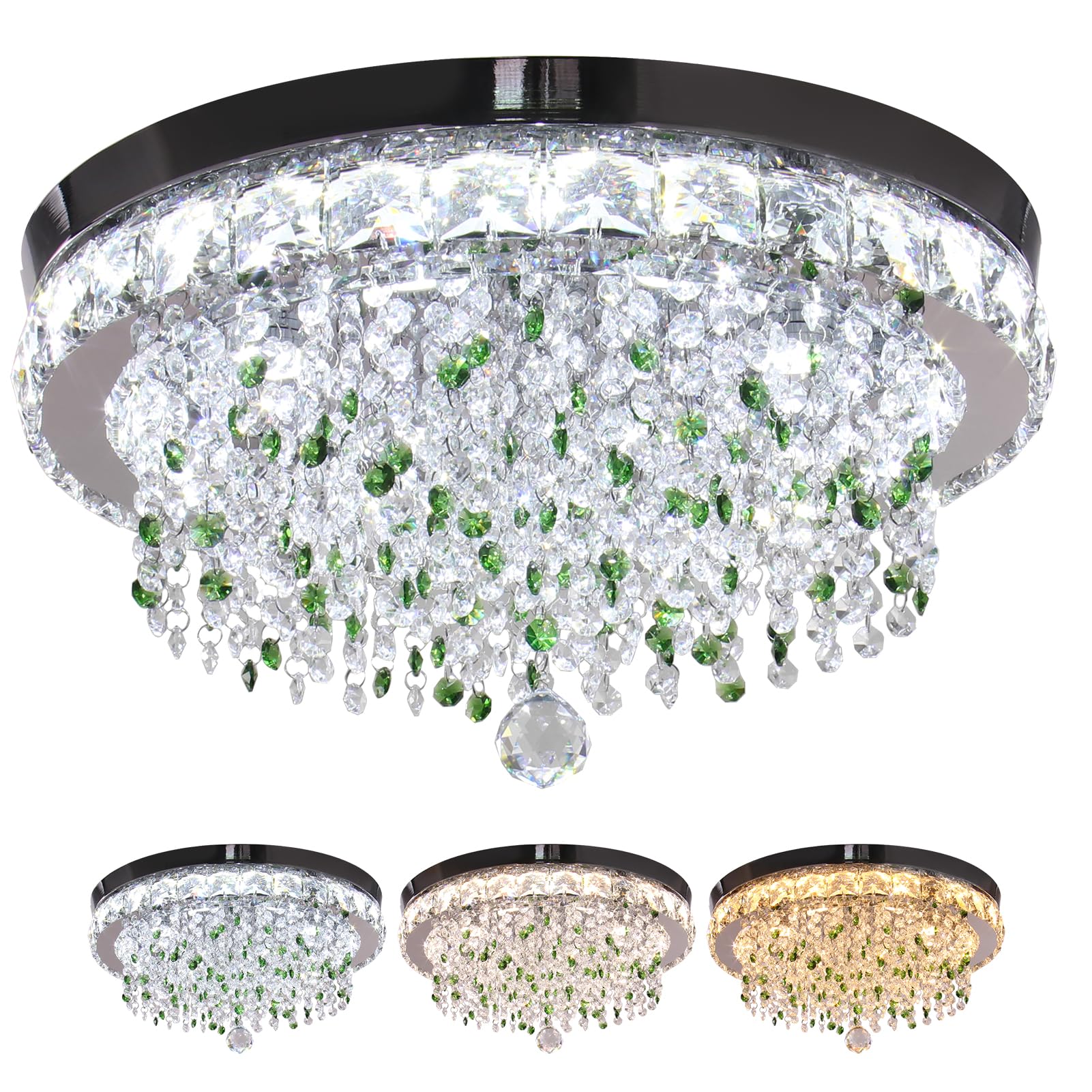 Finktonglan 18'' Crystal Chandeliers, LED Modern Ceiling Lights with Green Crystals and 8 Spotlight 2500K/4000K/6500K Changeable Color Flush Mount Chandeliers for Bedrooms Living Room