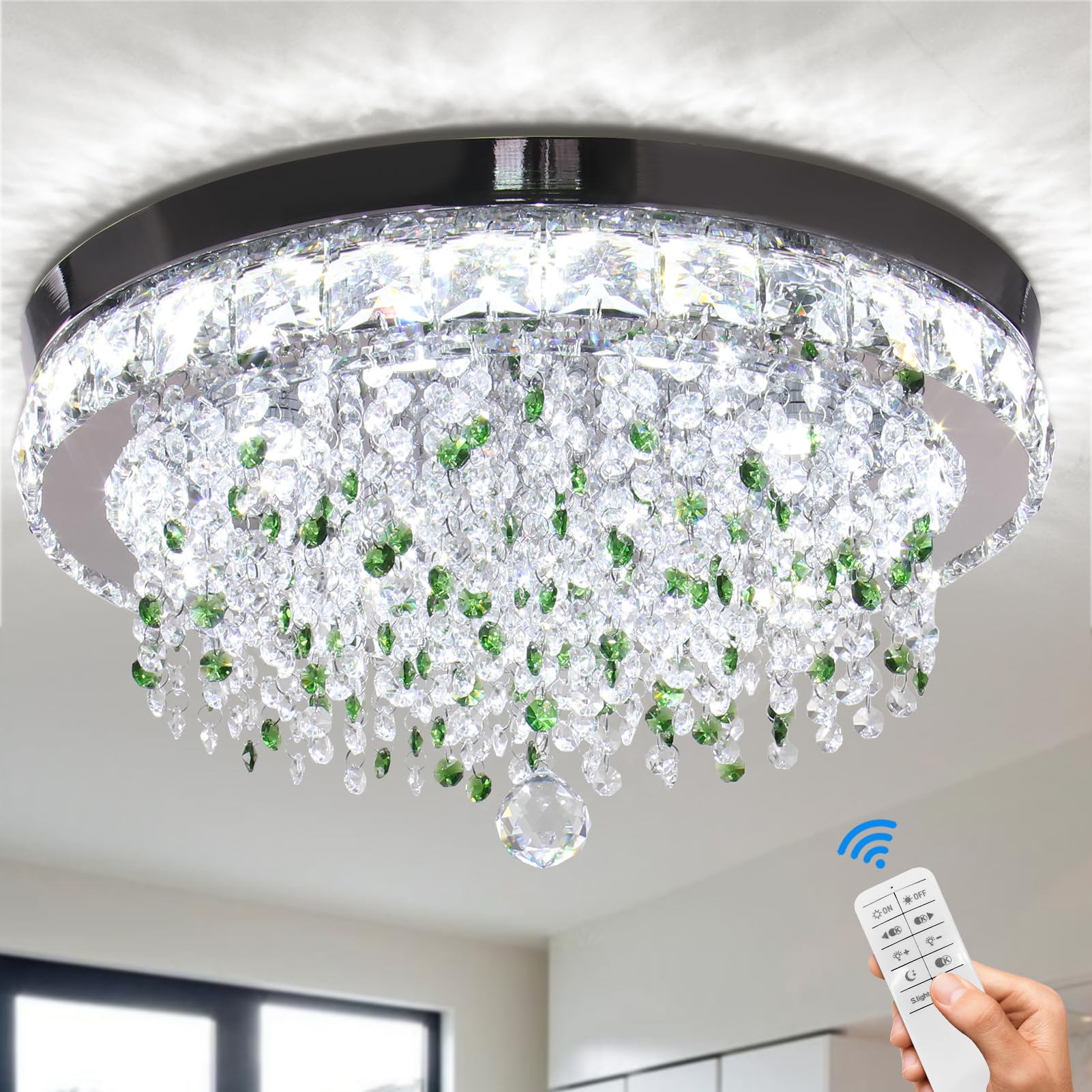 Finktonglan Dimmable Crystal Chandelier, 18'' Modern LED Ceiling Light with Remote Control and 8 Brightening Spotlight, Green Crystal Beads Ceiling Lighting for Bedrooms Living Room
