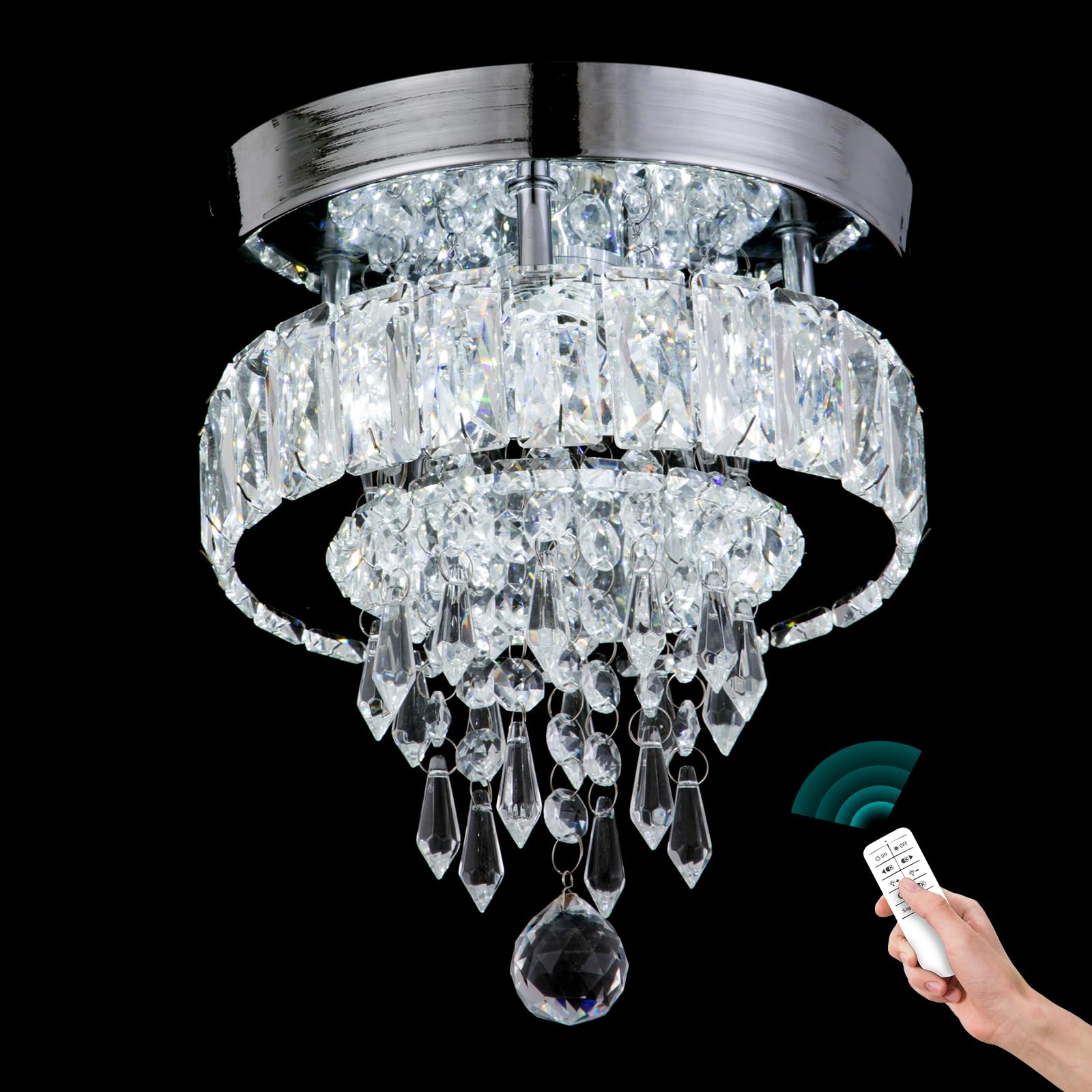 Finktonglan Dimmable Small Chandelier, Modern Crystal Chandelier with Remote, Crystal Ceiling Light H9'' x W8'' Mini Chandeliers for Bedrooms Hallway Kitchen(2700K/4500K/6500K Changeable