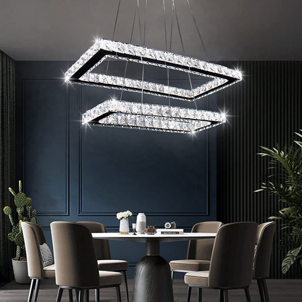 Modern Crystal Chandelier Rectangular 2 Rings LED Ceiling Light Stainless Steel Pendant Chandeliers for Dining Room Living Bedrooms (6000K Cool White) 16.93 inch+20.47 inch