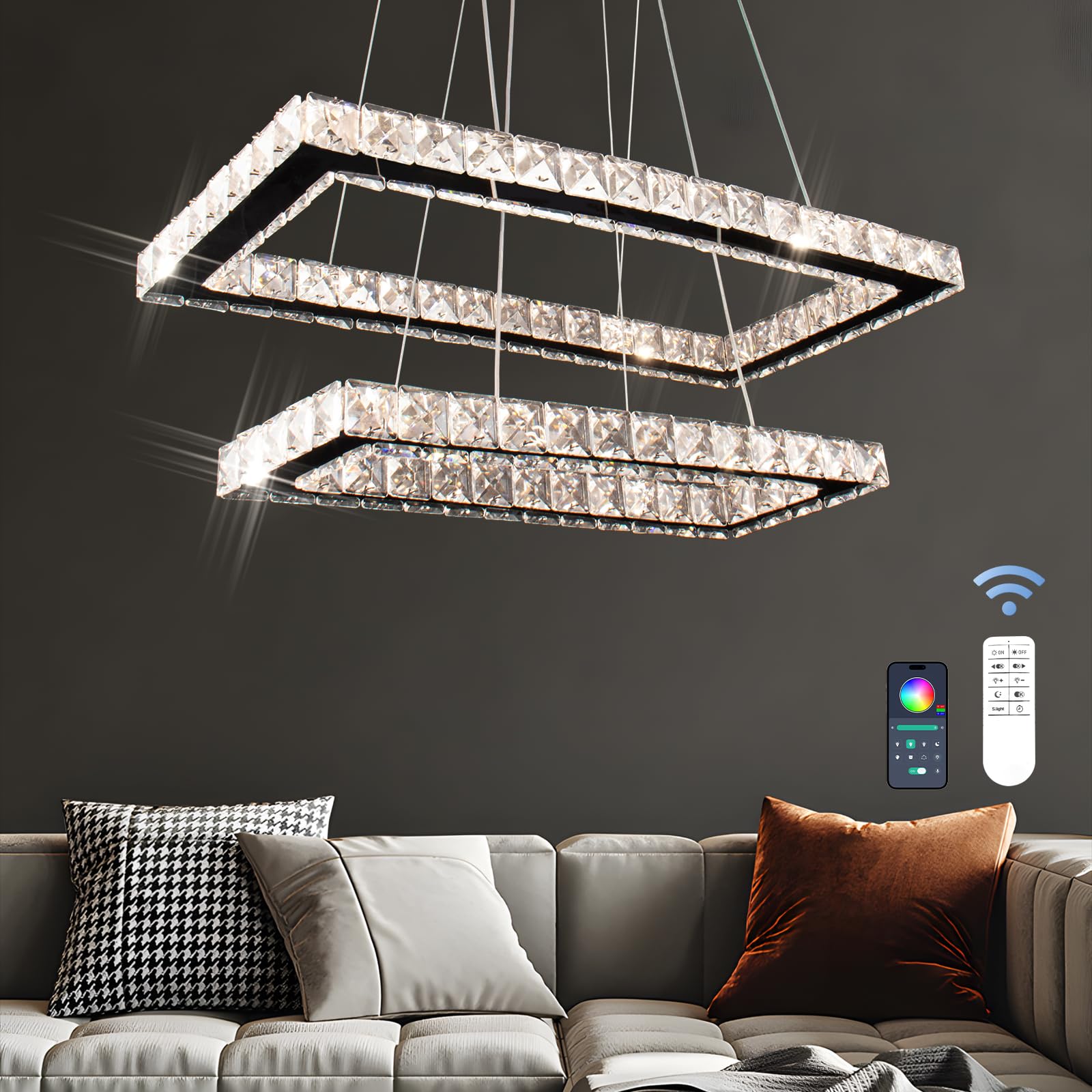 Modern Crystal Chandeliers with Remote, 20.5'' LED Dimmable 2 Rings Rectangular Crystal Chandelier Adjustable Height, Island Light Pendant Light for Dining Room Kitchen Living Room (Multicolored)