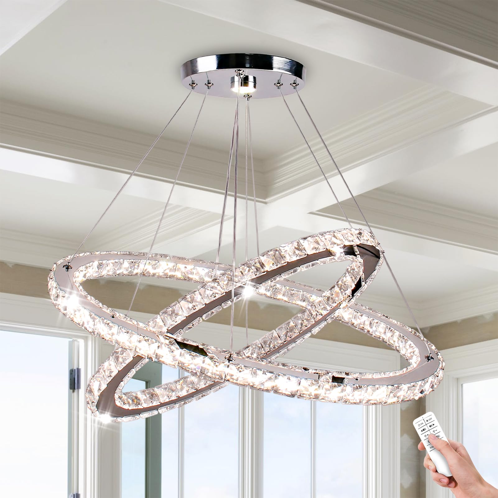 Finktonglan Dimmable Crystal Chandelier, 23.6'' Oval 2 Rings Modern Chandeliers with Remote Control, LED Linear Chandelier Pendant Island Light for Kitchen Dining Room Living Room Bedroom