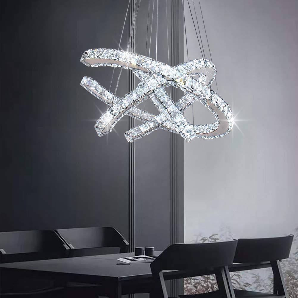 Modern Crystal Chandeliers 3 Rings Led Pendant Light C Shape Crystal Ceiling Light DIY Stainless Steel Led Chandeliers Fixture for Living Room Bedroom (Cool White)…