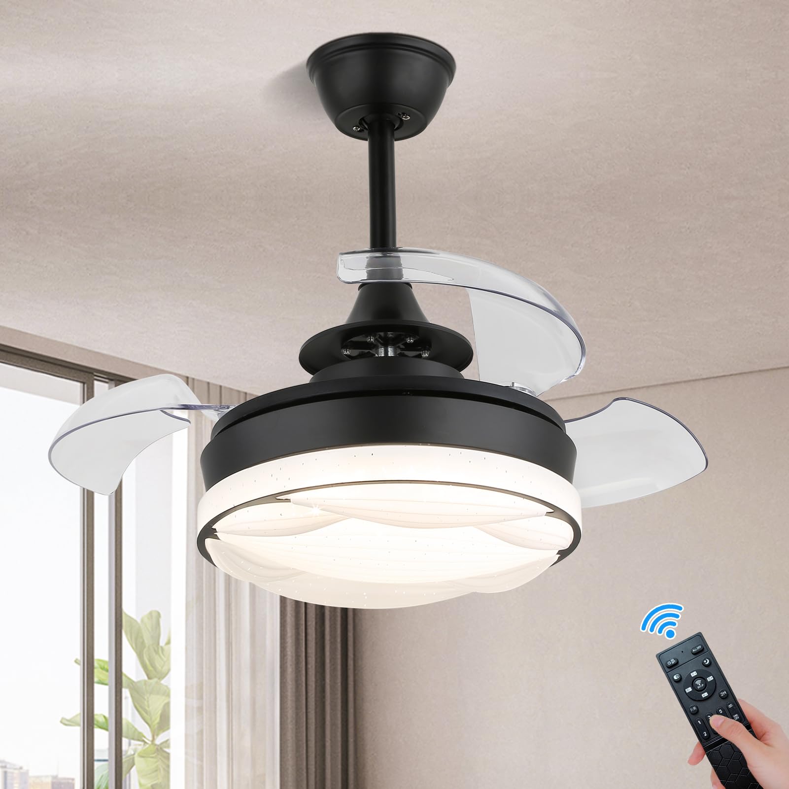 Finktonglan 22'' Small Ceiling Fans, Dimmable Semi Flush Mount Ceiling Fans with Lights and Remote, LED Fandelier Retractable Blades, Chandelier Ceiling Fans for Small Spaces, Kid Rooms (Black)