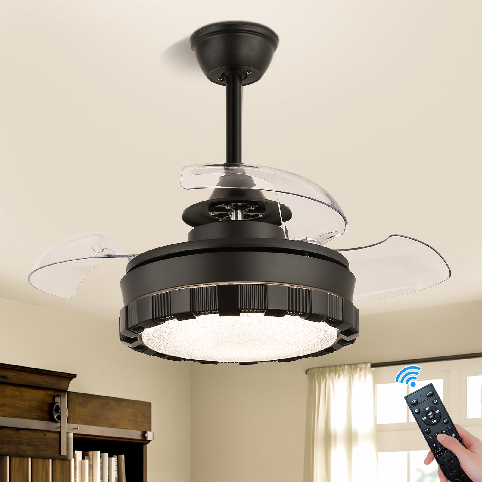 Finktonglan 22'' Ceiling Fans with Lights, Dimmable Small Ceiling Fans Retractable Blades, LED Kids Fandelier for Bedroom Living Room, 6 Speeds, 3 Color Change, Low Sound(Black)
