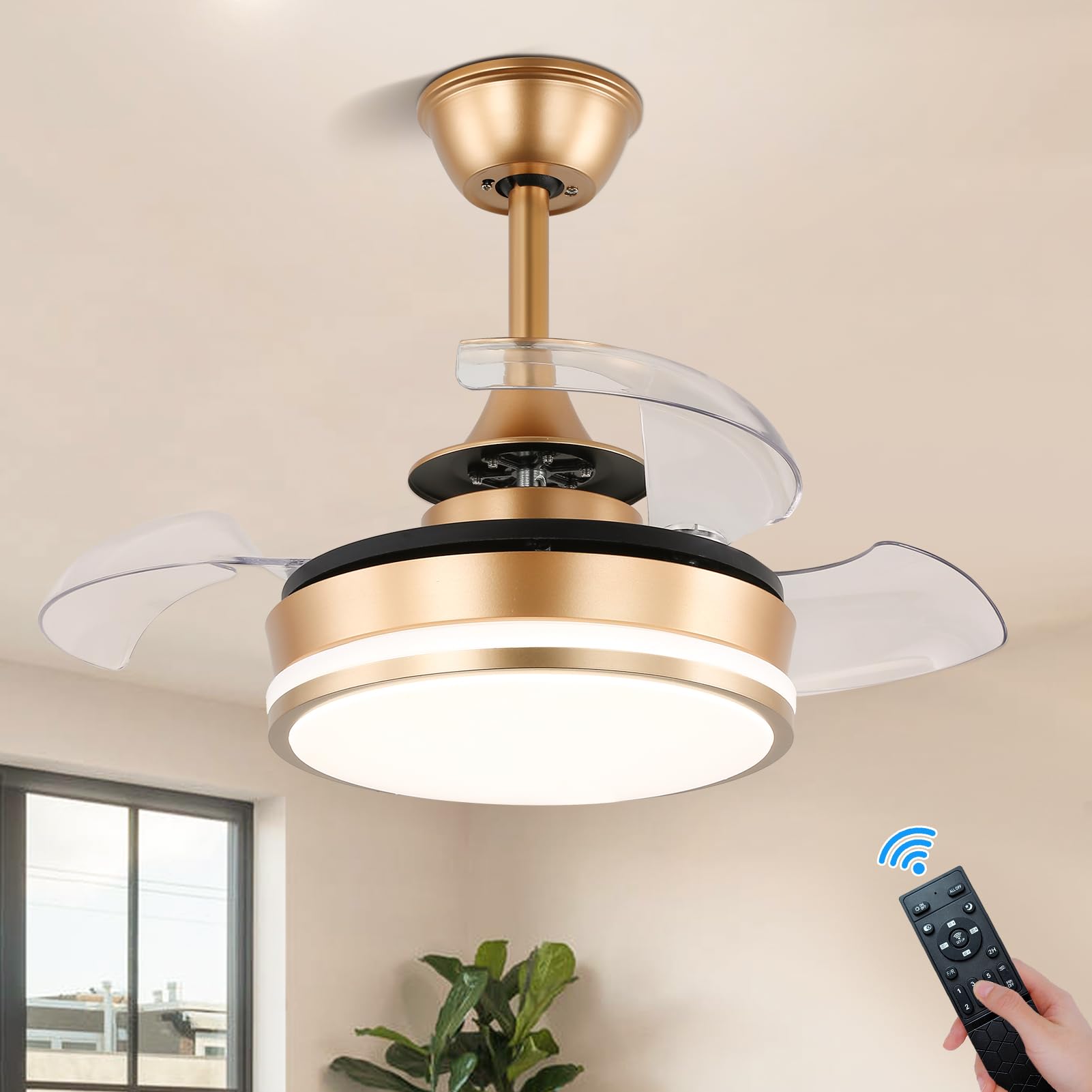 Small Ceiling Fans with Lights 22'' Gold Chandelier Ceiling Fans Dimmable, Semi Flush Mount Ceiling Fans Low Decibel 6 Speeds, LED Fandelier Retractable Blades for Small Spaces, Kid Rooms