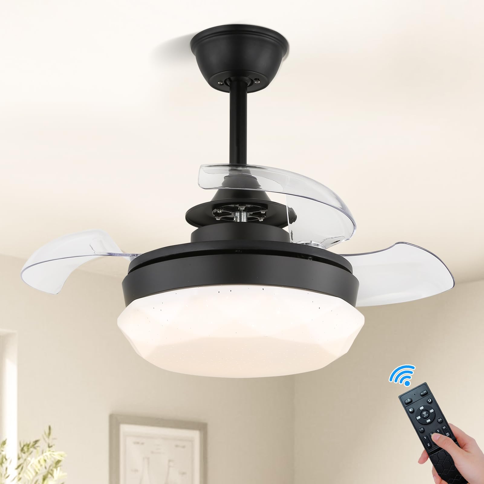 Small Ceiling Fans with Lights 22'' Chandelier Ceiling Fans Dimmable, Semi Flush Mount Ceiling Fans Low Decibel 6 Speeds, LED Fandelier Retractable Blades for Small Spaces, Kid Rooms (Black)