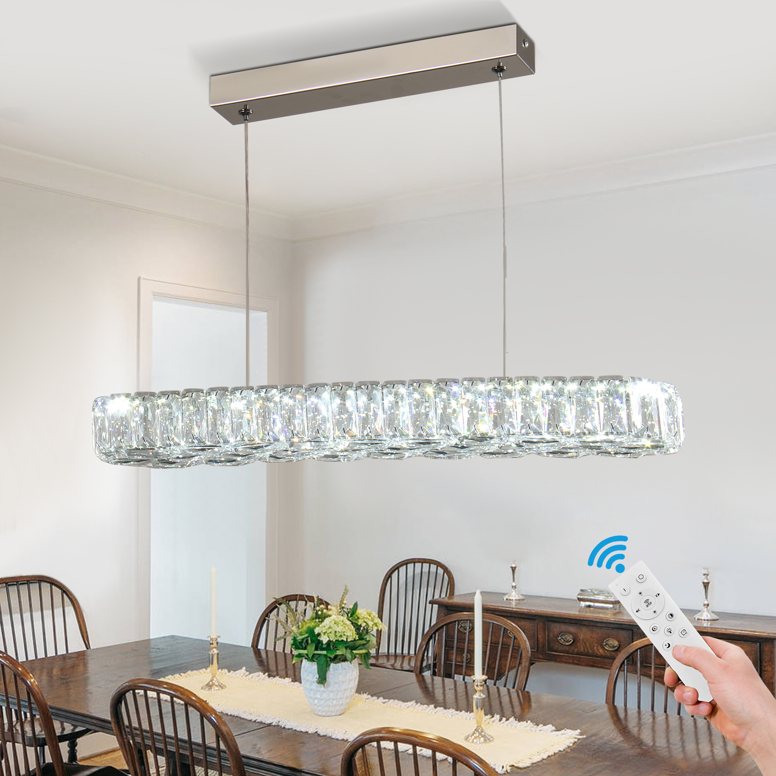 Jenvkoil Crystal Kitchen Island Lighting Modern Dining Room Light Fixture Adjustable Pendant Hanging Light Fixtures for Kitchen Island Living Room, 2700K 3500K 6500K with Remote Control