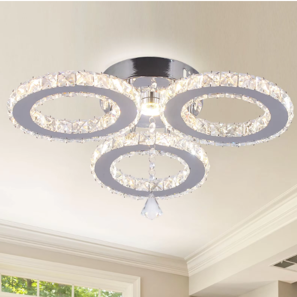 European Modern Stainless Steel Crystal Three Rings Round LED Ceiling Light Fixture for Bedroom Home Decoration